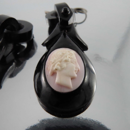 244 - A pair of late Victorian jet and conch shell cameo earrings, oval pink and white opposing bust portr... 