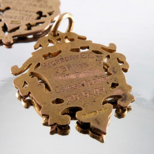 251 - Two 9 carat gold medal fobs or pendants, 4cm long, 15.1g