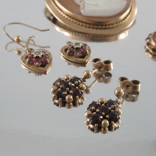 253 - Four pairs of 9ct gold gem-set earrings and a cameo brooch