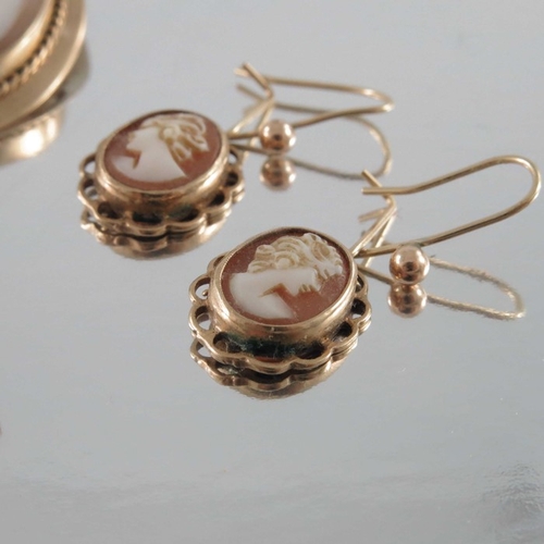 253 - Four pairs of 9ct gold gem-set earrings and a cameo brooch