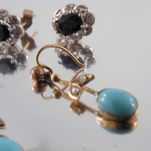 265 - Two pairs of gold earrings, including Edwardian seed pearl and turquoise drop earrings and sapphire ... 