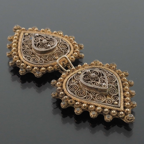 269 - David Andersen, a Norwegian silver and parcel gilt buckle, Christiania, 1886, heart shaped filigree ... 