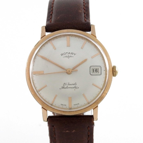 289 - Rotary, a gold plated automatic wrist watch, silvered dial, date window, 21 jewel, on leather strap,... 