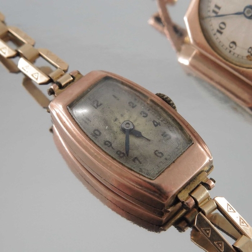 290 - Two 9 carat gold ladies wrist watches, one with square chamfered case, engine turned dials, each on ... 