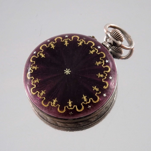 295 - A silver and enamelled fob watch, the purple guilloche and gold painted enamel back with silver star... 