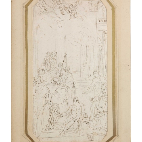 322 - Attributed to Sir James Thornhill (1675-1734), Adoration of the Magi, ink drawing, 30cm x 17cm, unfr... 