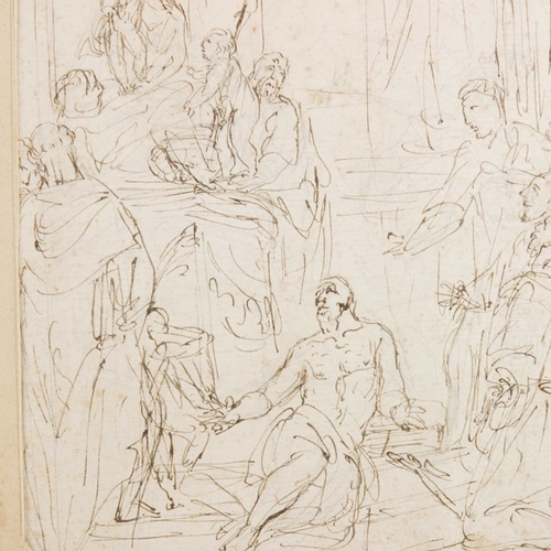 322 - Attributed to Sir James Thornhill (1675-1734), Adoration of the Magi, ink drawing, 30cm x 17cm, unfr... 