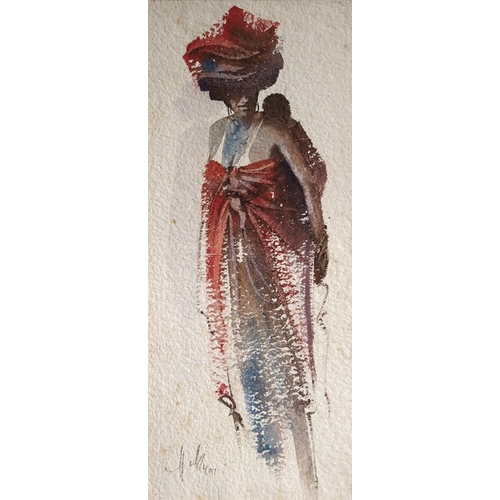 331 - African School (20th century), Mother & Child, watercolour, indistinctly signed, 49cm x 20cm, framed