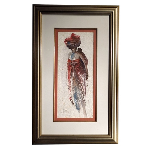 331 - African School (20th century), Mother & Child, watercolour, indistinctly signed, 49cm x 20cm, framed