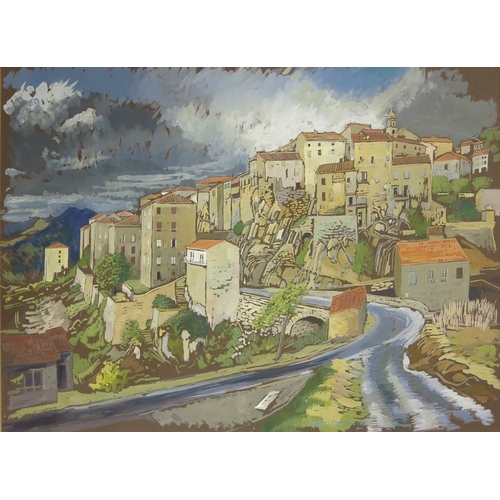 332 - Tom Pomfret (1920-1997), Sartène Corsica, mixed media, signed and dated 1973, 47cm x 63cm, framed