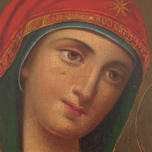 343 - A 19th century Russian icon of Virgin and child, oil on board, 34cm x 30cm, framed