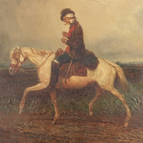 347 - English School (19th century), Pipe Smoker on Horseback, oil on canvas, indistinctly signed, 24cm x ... 