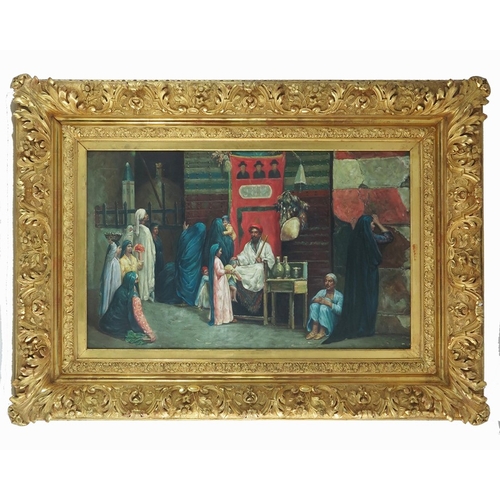 350 - Orientalist School, (20th Century), An Elders Blessing, oil on canvas, unsigned, 44cm x 73cm, framed