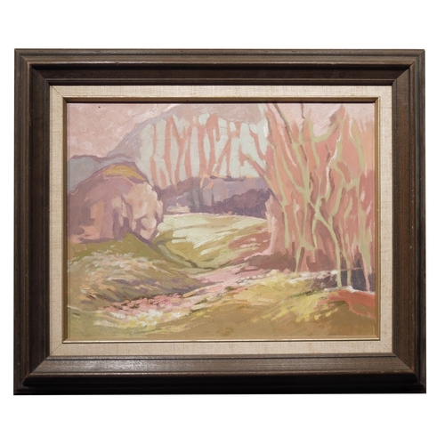 353 - Anthony Baynes (1921-2003), Landscape, oil on board, label on verso, 26cm x 34cm, framed