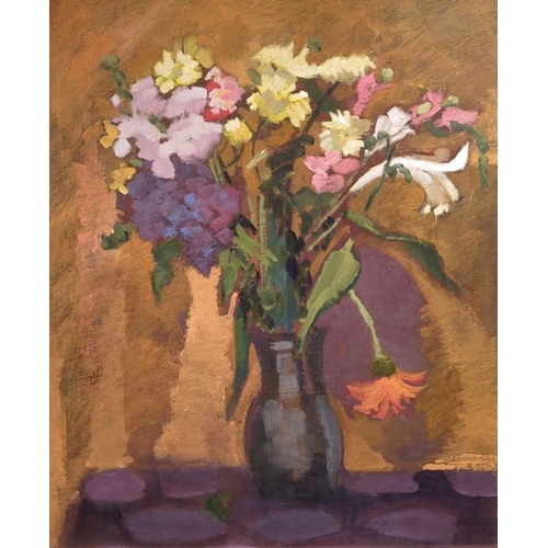 361 - Olwen Tarrant FROI (b.1927), Still Life, oil on canvas board, signed on verso, 55cm x 46cm, framed