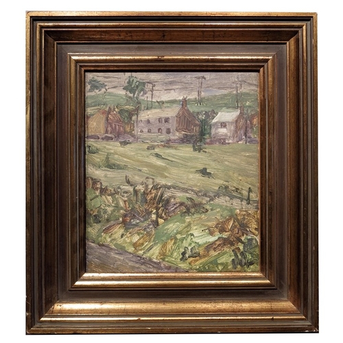 368 - Brian Gardiner (20th century), Northern Village Scene, oil on canvas, label on verso, 30cm x 26cm, f... 