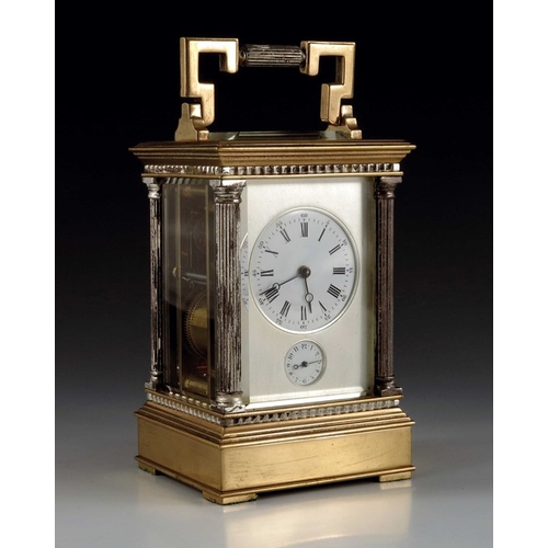 390 - A French gilt brass and silver plated carriage clock, the 2 inch white enamelled dial and subsidiary... 