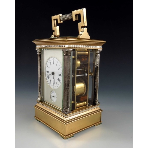 390 - A French gilt brass and silver plated carriage clock, the 2 inch white enamelled dial and subsidiary... 