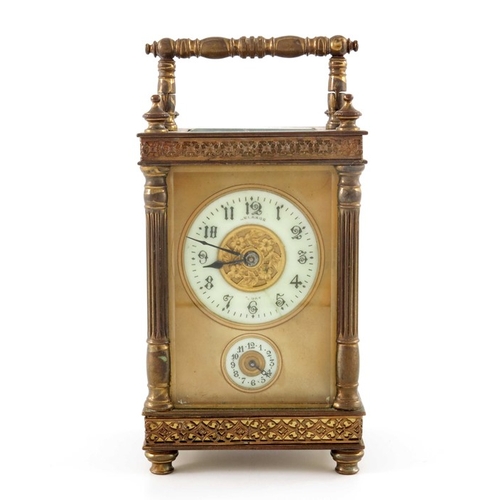 393 - A gilt brass swiss carriage clock, the white enamelled chapter ring and subsidiary dial with Roman n... 