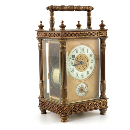 393 - A gilt brass swiss carriage clock, the white enamelled chapter ring and subsidiary dial with Roman n... 