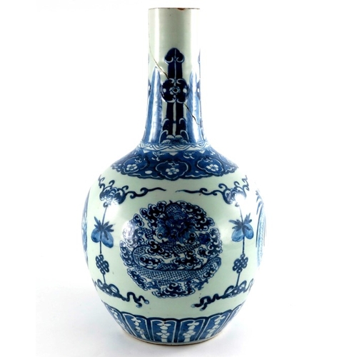 401 - A Chinese blue and white bottle vase, ovoid shouldered form with shaft neck, painted with alternatin... 