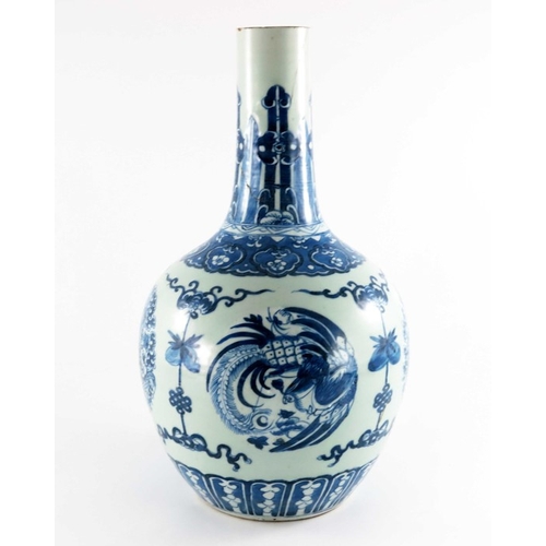 401 - A Chinese blue and white bottle vase, ovoid shouldered form with shaft neck, painted with alternatin... 