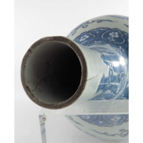 401 - A Chinese blue and white bottle vase, ovoid shouldered form with shaft neck, painted with alternatin... 