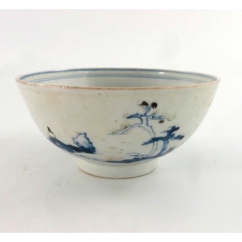 403 - A Chinese blue and white bowl, Qianlong, circa 1750, footed form painted with bridge and landscape, ... 