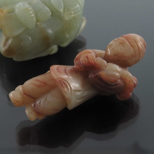 418 - Two Chinese jade and hardstone carvings, including man with peach branch, entwined dogs with insect,... 