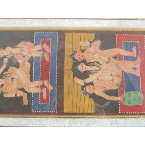 427 - A pair of Indian erotic strip panels, gouache, depicting Kama Sutra illustrations, 62cm x 12cm, fram... 