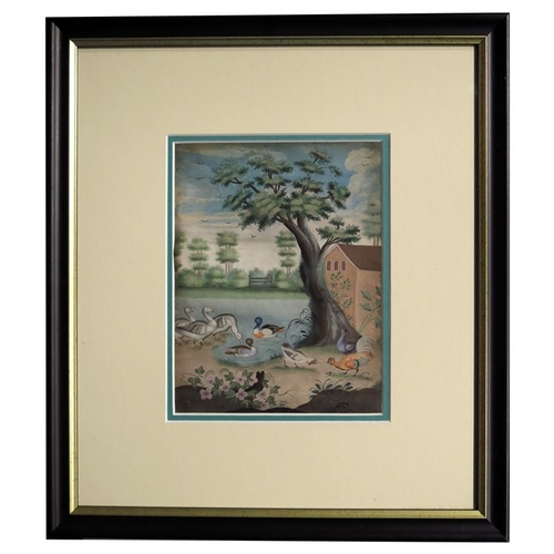 428 - Chinese School (19th century), Ducks and Poultry by the Lake, watercolour, 18cm x 13cm, framed