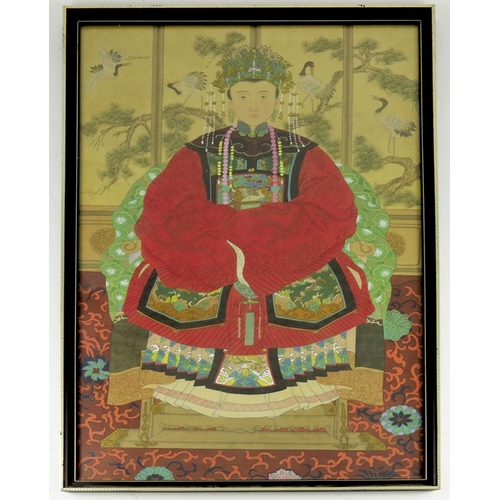 431 - A pair of Chinese ancestor portraits, Qing, painted on silk, 83cm x 49cm, framed (2)