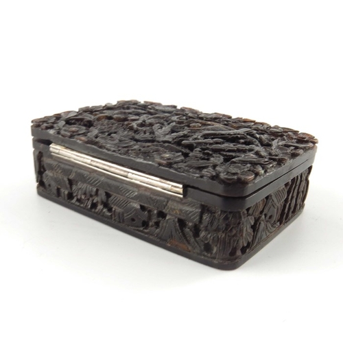 433 - A Chinese carved tortoiseshell snuff box, 19th century, modelled in relief with populated garden lan... 