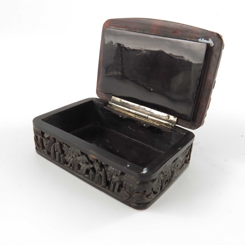 433 - A Chinese carved tortoiseshell snuff box, 19th century, modelled in relief with populated garden lan... 