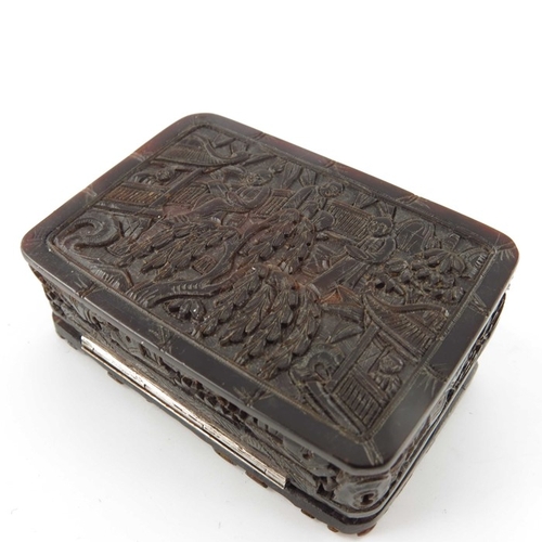 433 - A Chinese carved tortoiseshell snuff box, 19th century, modelled in relief with populated garden lan... 