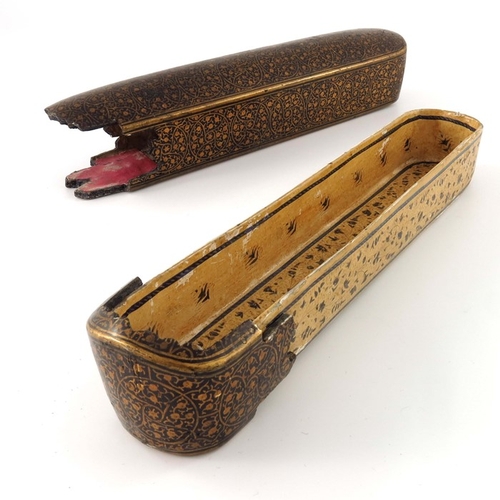 439b - A 19th century Indian lacquer papier mache pen box, oval form with sliding drawer, decorated with gi... 