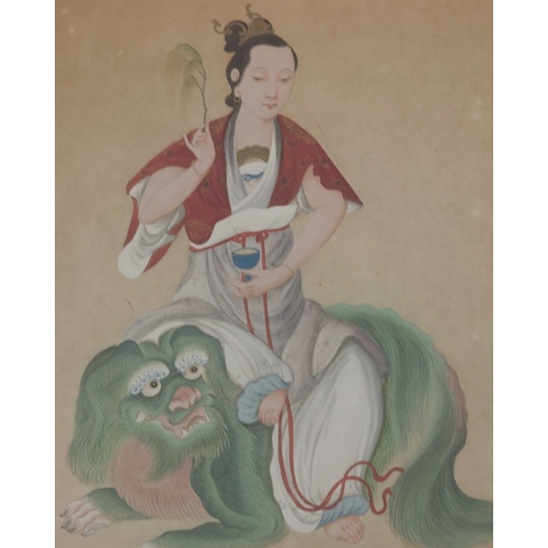 441 - China (19th century), a woman seated on a mythical beast, gouache on paper with gilt highlights, Chi... 