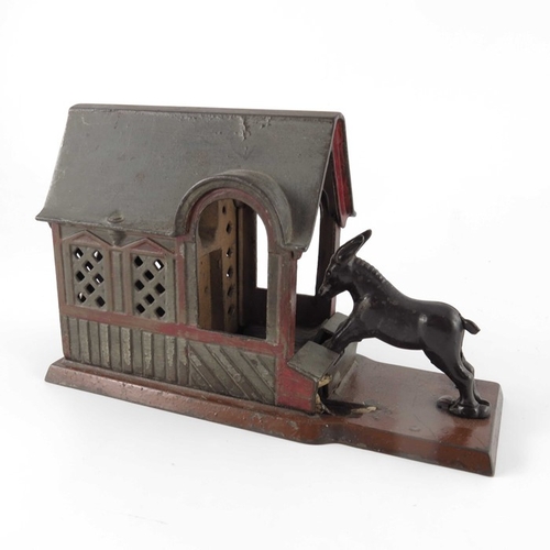 460 - An American Mule and Barn cast iron mechanical money bank or box, J and E Stevens Co., circa 1880, s... 