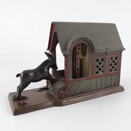 460 - An American Mule and Barn cast iron mechanical money bank or box, J and E Stevens Co., circa 1880, s... 