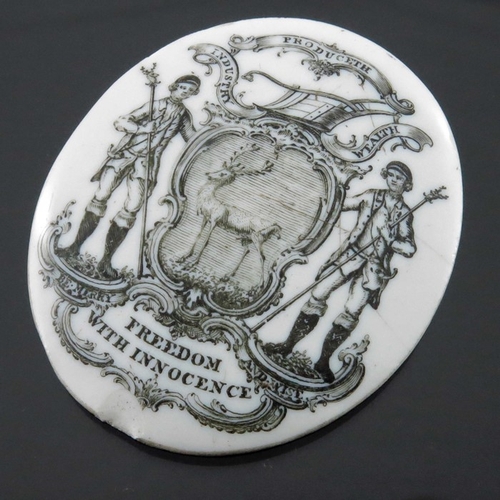 462 - A Bilston or Liverpool enamelled double sided badge, Society of Bucks, circa 1770, two oval plaques,... 