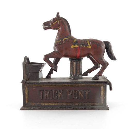 465 - A Victorian cast iron Trick Pony Bank mechanical money box, American circa 1885, cold painted, model... 