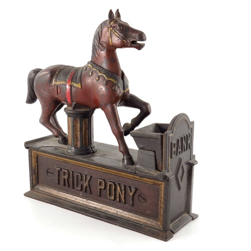 465 - A Victorian cast iron Trick Pony Bank mechanical money box, American circa 1885, cold painted, model... 