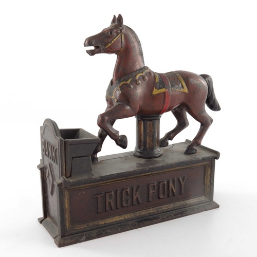 465 - A Victorian cast iron Trick Pony Bank mechanical money box, American circa 1885, cold painted, model... 