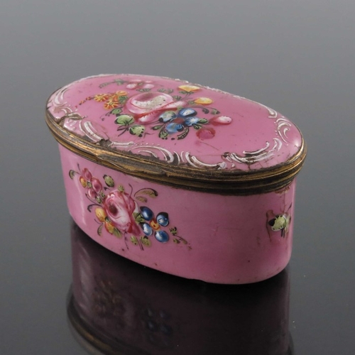 473 - A George III Bilston enamelled patch or snuff box, oval pink with raised floral sprays and foliate s... 