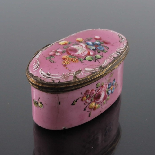 473 - A George III Bilston enamelled patch or snuff box, oval pink with raised floral sprays and foliate s... 