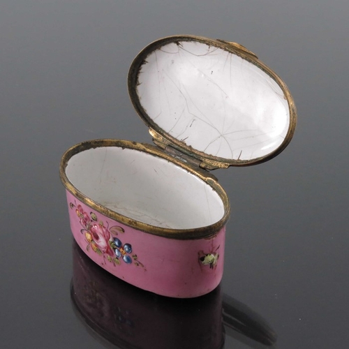 473 - A George III Bilston enamelled patch or snuff box, oval pink with raised floral sprays and foliate s... 