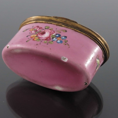 473 - A George III Bilston enamelled patch or snuff box, oval pink with raised floral sprays and foliate s... 