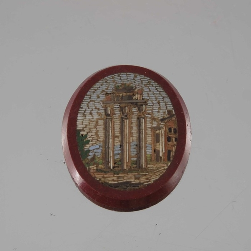 480 - A micro mosaic plaque of the Temple of the Dioscuri, Rome, inlaid in red hardstone, 2.5cm x 2cm