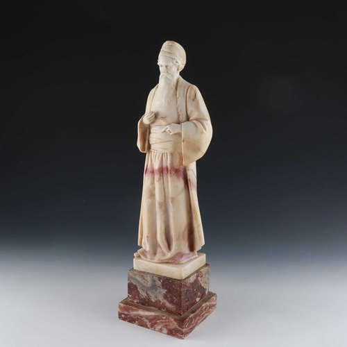 483 - Sarah Bernhardt, Figure of Shylock, carved alabaster, on red marble plinth base, signed and monogram... 