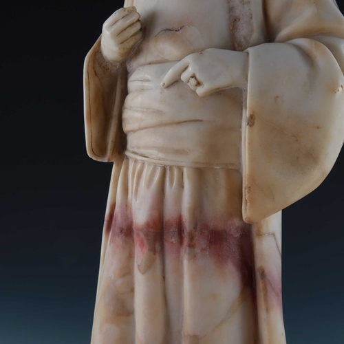 483 - Sarah Bernhardt, Figure of Shylock, carved alabaster, on red marble plinth base, signed and monogram... 